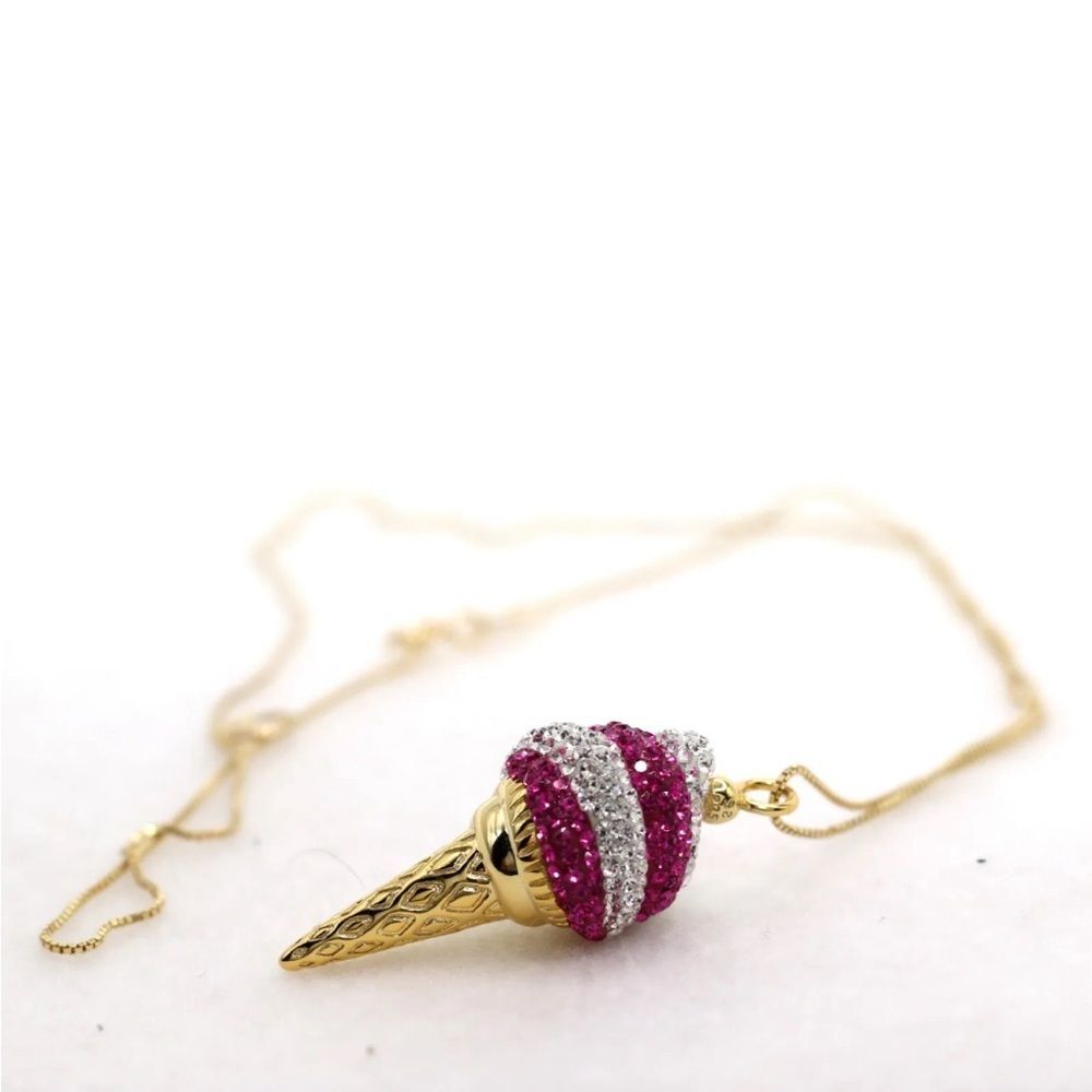 Simone I. Smith Sterling Pink Clear Crystal IceCream Cone Pendant Necklace, New